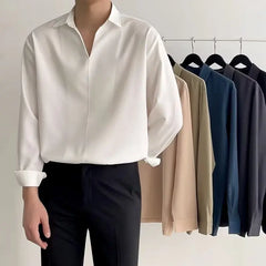 Hearujoy Long Sleeve New Thin Drape Casual Shirt for Men Small V-neck Design Men Shirt Summer Loose Korean Solid Color White Shirt Men