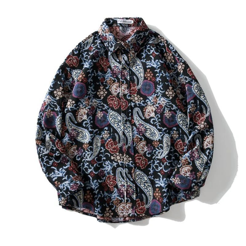 HEARUJOY  -  Cuban Colored Numb Ethnic Style Shirt Men Weaving and Embroidered Spring and Autumn Retro Hong Kong Style Shirt Jacket
