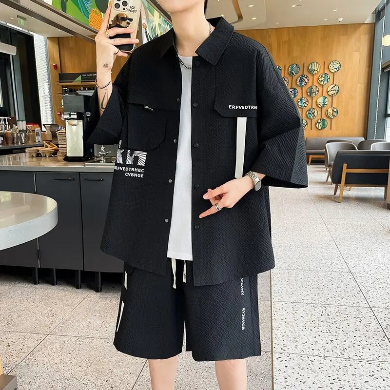 HEARUJOY  -  Summer fashion 2 Pieces Set Tracksuit Men's Two Piece Shirt Shorts Harajuku Streetwear Men Sets Short Sportswear Suits
