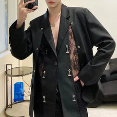 Hearujoy Mens See-Through Sexy Lace Splicing Suit Autumn Genderless Youth Trend Personality Retro Metal Chain Buckle Jacket Unisex