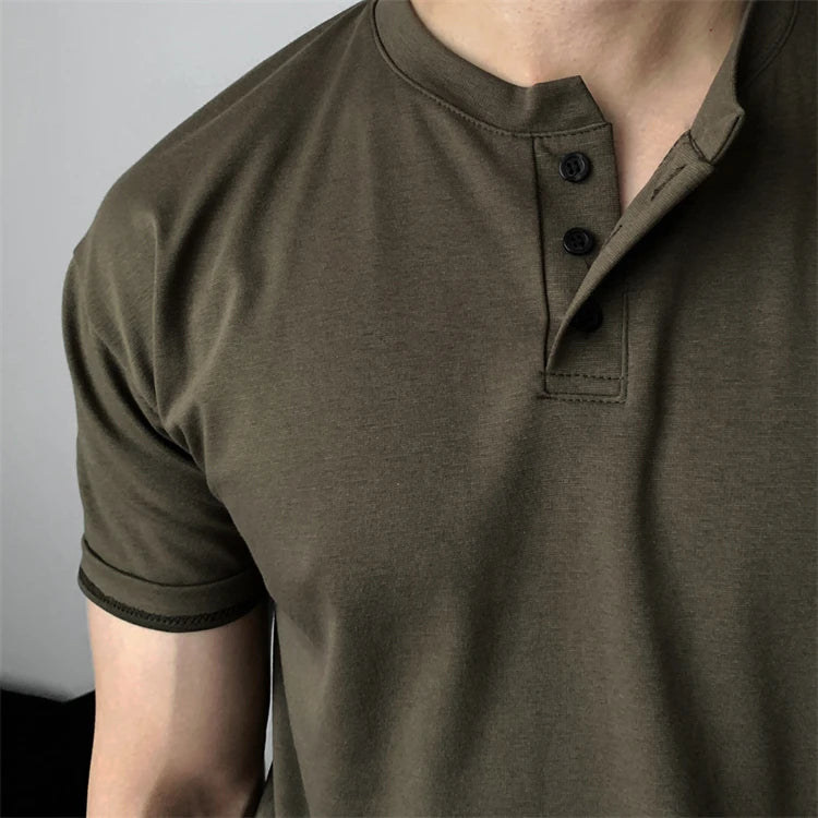 HEARUJOY  -  New Men Light Luxury Henry Collar T-Shirt Leisure Button-down Solid Color Short Sleeve Korean Style 2025 Summer Streetwear M-3XL