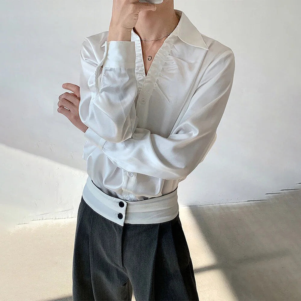 HEARUJOY  -  Mens Shirt Shiny Satin V-Neck Casual Shirt Spring Streetwear Fashion Versatile Sexy Long Sleeve Top Men'S Clothing