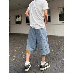 HEARUJOY  -  Hip Hop Retro Waist Inverted Design Men Denim Shorts Instagram Gothic Street Apparel Loose Straight Leg Pants Sports Pants