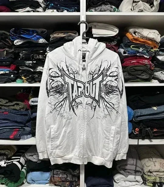 Hearujoy Y2K Gothic Embroidery Pattern Zip Up Hoodie American Vintage Sweatshirt Men’s Street Hip Hop Harajuku Punk Trend Loose Pullover