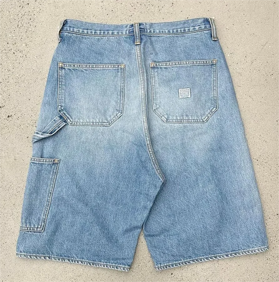HEARUJOY  -  American street rhinestone retro pocket washed wide-leg denim shorts summer y2k Harajuku high-waist straight knee-length shorts