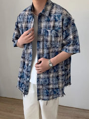 Hearujoy Harajuku Plaid Shirts Coat Men Oversize Short Sleeve Men's Checkered Cardigan Blouses Male Japanese Streetwear Hip Hop