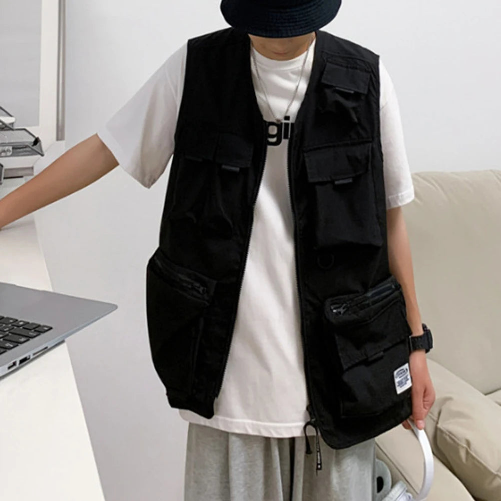 HEARUJOY  -  Beach Holiday Green Men Cargo Vest Multi-pocket Sleeveless Vest Loose Fit Waistcoat Good For Vacation Polyester Fabric