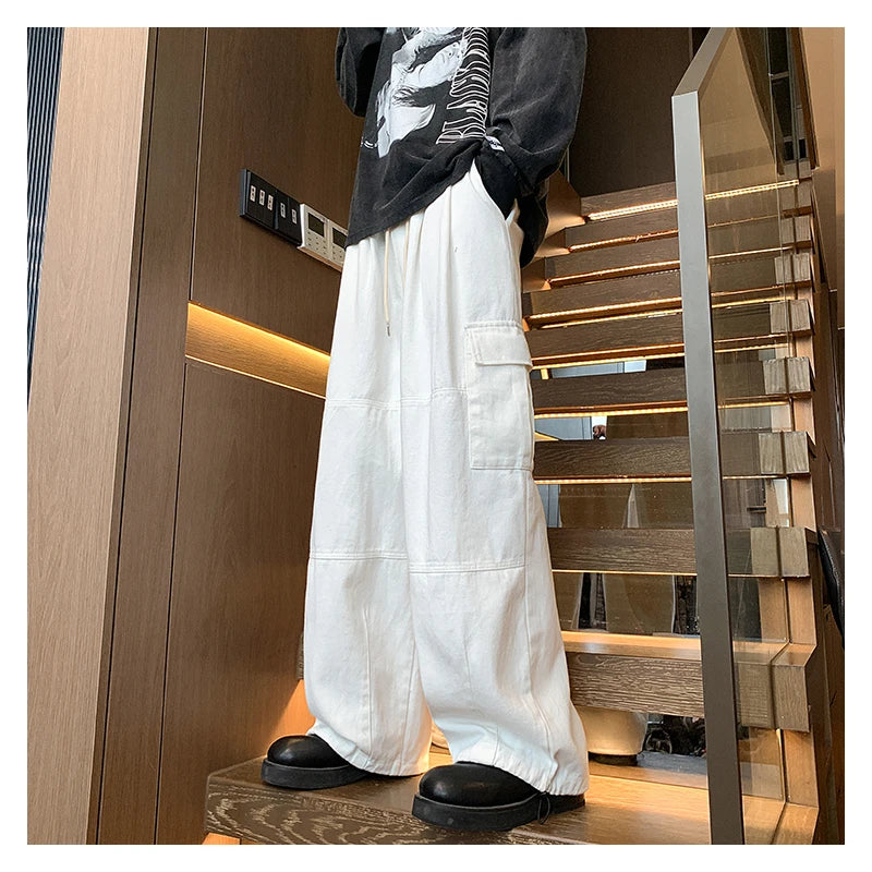 Hearujoy Multi-Pocket Washed Cargo Pants Men Women Y2K Vintage Streetwear Loose Oversized Straight Wide-Leg Jeans Dark Green/Purple