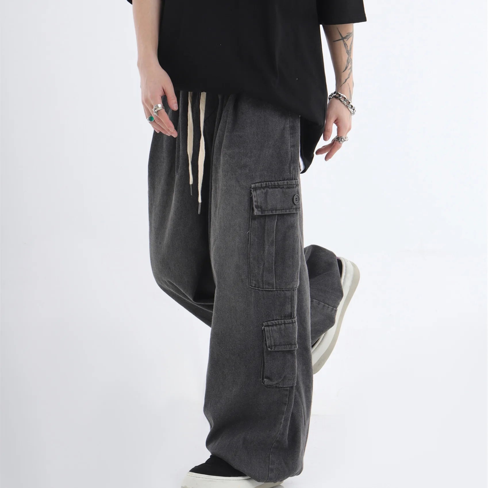 Hearujoy Baggy Cargo Jeans Men Oversize Wide Leg Denim Trousers Male Cargo Pants Japanese Casual Loose Streetwear Hip Hop