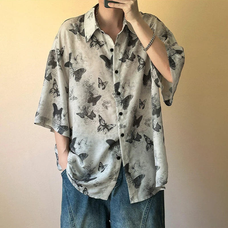 HEARUJOY  -  Nichre Design Men's Shirts Turn-down Collar Butterfly Printing Contrast Color Short Sleeved Single Breasted Stylish