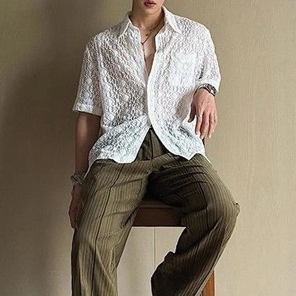 HEARUJOY  -  Mens Shirt Lace See-Through Transparent Geometric Shirt Summer Beach Vacation Hawaiian Slim Short Sleeve Top Men'S Clothing