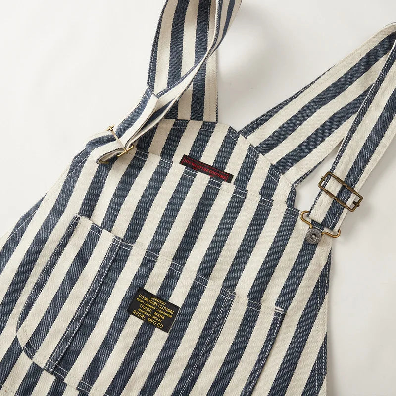 HEARUJOY  -  Vintage Men's American Retro Motorcycle Overalls Striped Bib Denim Jumpsuit 100% Cotton Autumn Pants Heavyweight