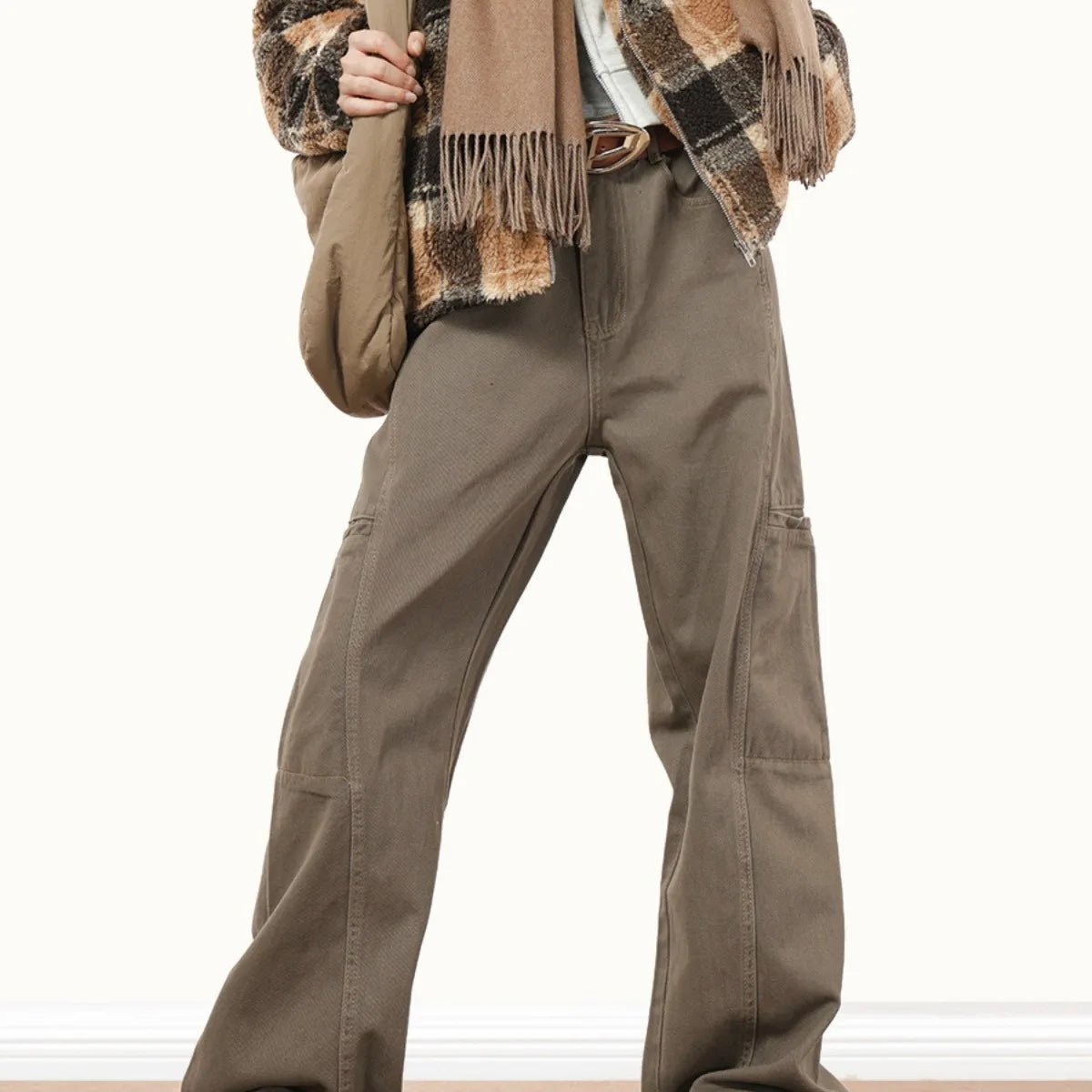 HEARUJOY  -  Vintage Cargo Pants For Men Cleanfit Style Straight Trousers High Street Retro Maillard Brown Multiple Pockets Casual Pants