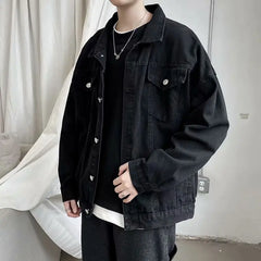 Hearujoy Black Denim Short Jacket Men Turn Down Collar Bomber Jacket Jeans Coats Casual Pockets Overalls Streetwear Man Clothing Outwear