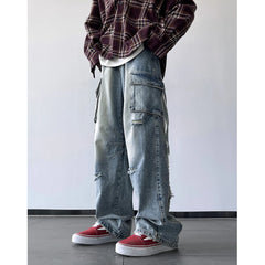 Hearujoy Men Ripped Holes Cargo jeans Fashion Burrs Vintage Blue Streetwear Casual Denim Pants Unisex Hip Hop Patchwork Jean Pants