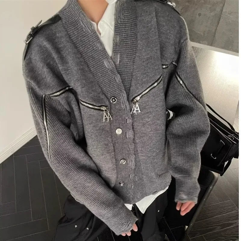 Hearujoy Harajuku Double Zipper Knitted Cardigan Men Vintage Loose Knitted Sweater Punk Hip Hop Retro Design Jumpers Jacket