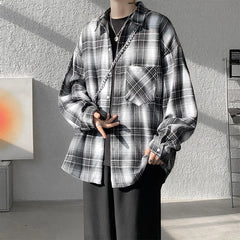 HEARUJOY  -  Black Long Sleeved Shirt Men Retro Plaid Shirt Men Japanese Streetwear Loose Casual Shirt Mens Vintage Shirts Large Size 5XL
