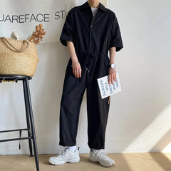 Hearujoy Men's Overalls Jumpsuits Summer Fashion Casual Nine Point Cargo Pants Japanese Retro Male Clothes Couple Loose Solid Color Suit