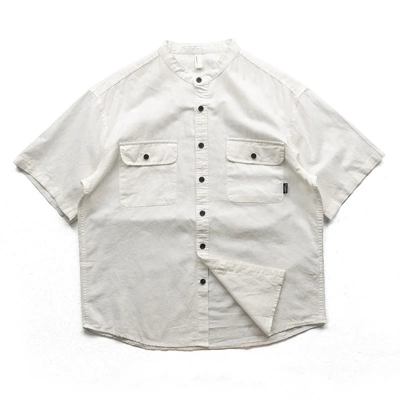 HEARUJOY  -  Japan Style Mens Linen Cotton Short Sleeve Shirt Harajuku Summer Stand Collar Solid Color Male Casual Breathable Classical Tops