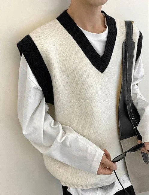 HEARUJOY  -  White Striped Knitted Sweaters For Men Vest V Neck Man Clothes Sleeveless Waistcoat Thick Winter Old Cotton Wholesale Sale S