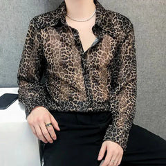 Hearujoy Mens Sexy Leopard Print Mesh See-Through Ice Silk Shirt Autumn Genderless Fashion Youth Nightclub Breathable Hollow Top Unisex