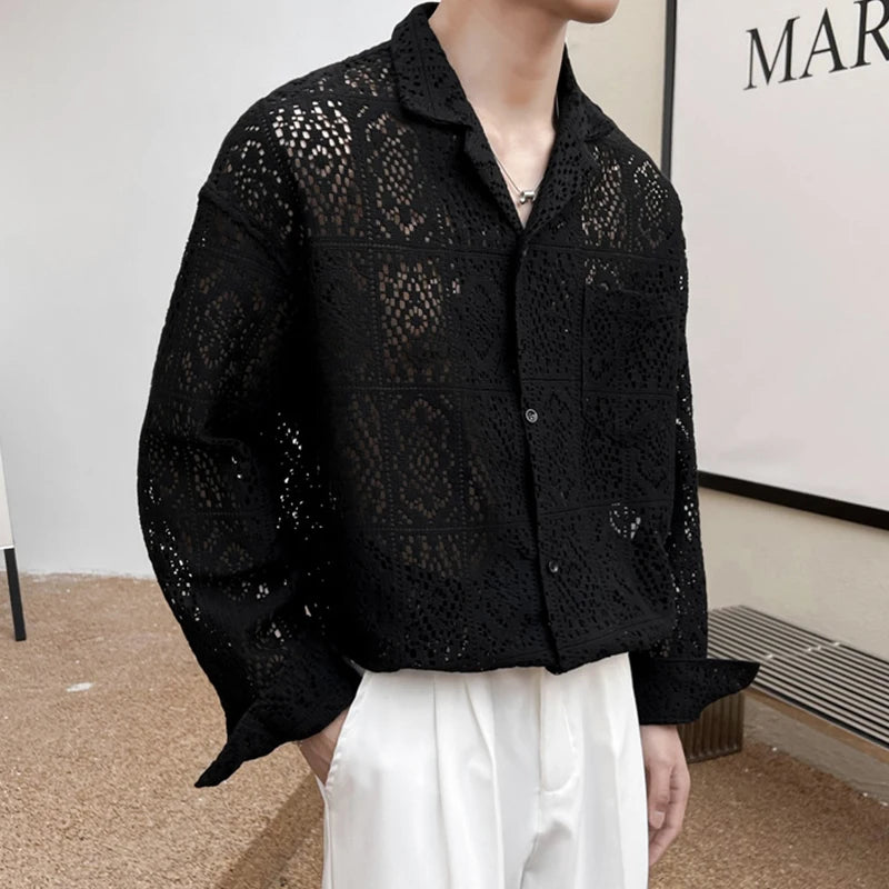 HEARUJOY  -  New Chic Men Hollow Out Cardigan Tops Light Luxury Korean Style Long Sleeve Shirts Casual Retro Solid Color Button-down Blouse