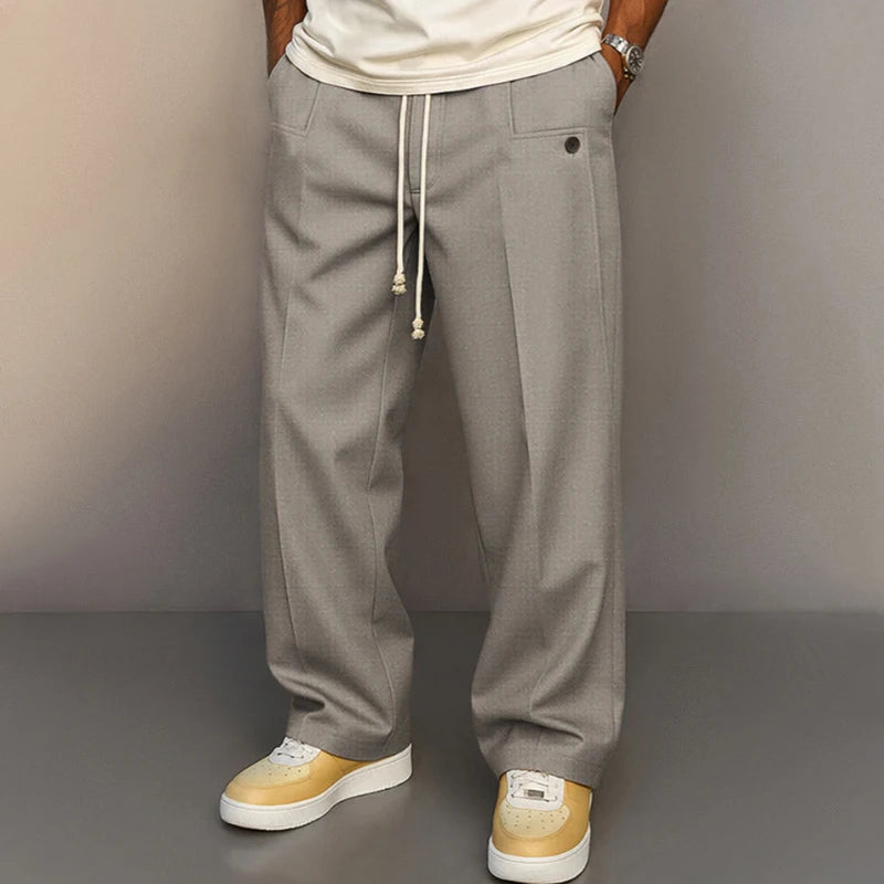 HEARUJOY  -  Fashionable Mens Solid Color Trousers Spring Autumn Streetwear Casual Drawstring Pants Men Stylish Loose Straight Trousers