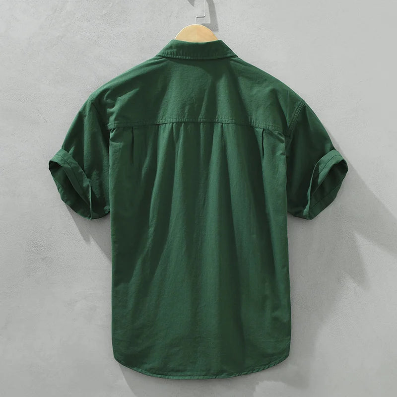 HEARUJOY  -  Japanese Retro Men Short Sleeve Cargo Shirt Double Pockets Cotton Uniform Light Casual Work Safari Style Shirts Mens Tops Shirt