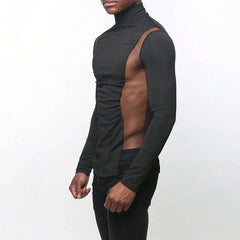 Hearujoy Mens Sexy Tight-Fitting Sports Fitness Mesh Long-Sleeved Tops Autumn Nightclubs Perspective Stitching Stretch Turtleneck Tops