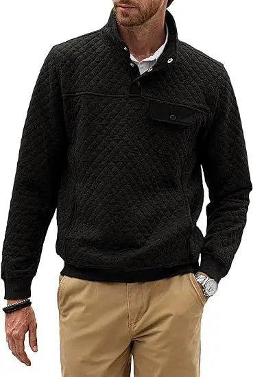 HEARUJOY  -  Men's Spring and Fall Quilted Sweatshirt Casual Long Sleeve Outdoor Stand Collar Button Pullover Sweatshirt