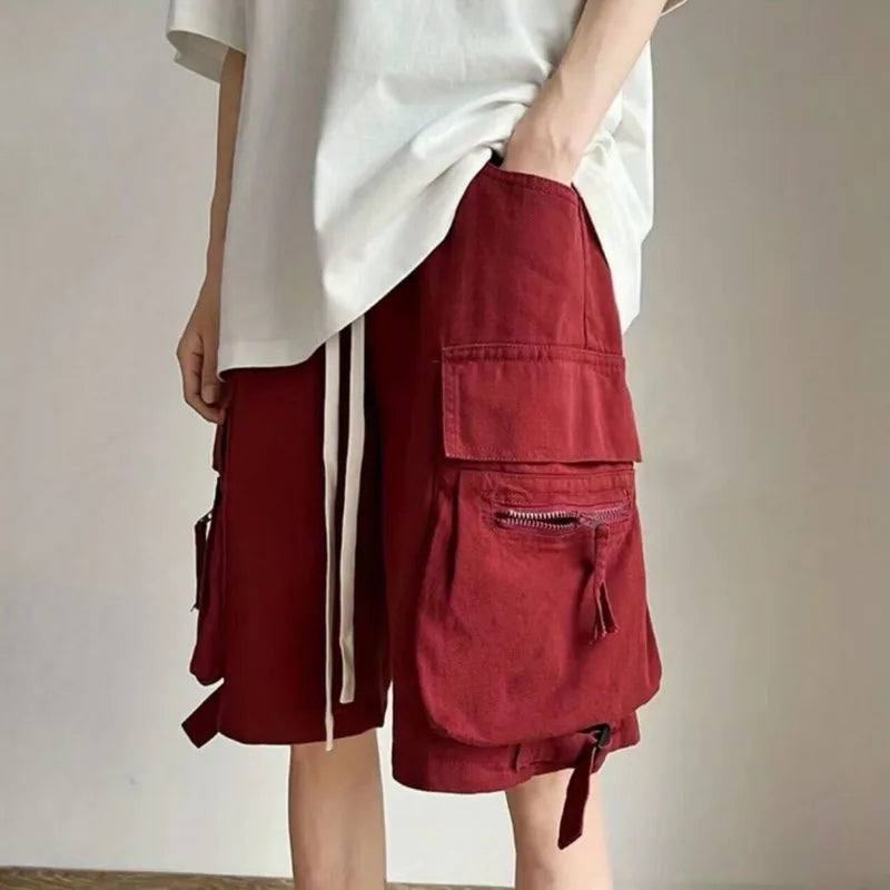 HEARUJOY  -  Men Clothing Trendy Vintage Japanese Style Streetwear Y2K Loose Cargo Shorts Summer Casual Solid Multi Pockets Short Baggy Pants