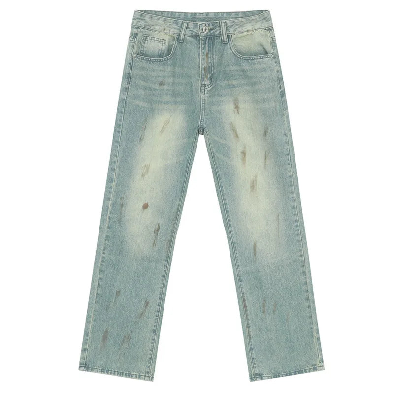 Hearujoy Male Denim Pants New American Worn-out Vintage Splash Ink Whiten Washed Straight Leg Jeans Summer Trendy 9C6674