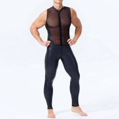 Hearujoy Mens Undershirts Mesh PU Leather See Through Vest Bodysuits Leotard Stage Dance Nightclub Long Pants LGBT Sexy Lingerie Jumpsuit