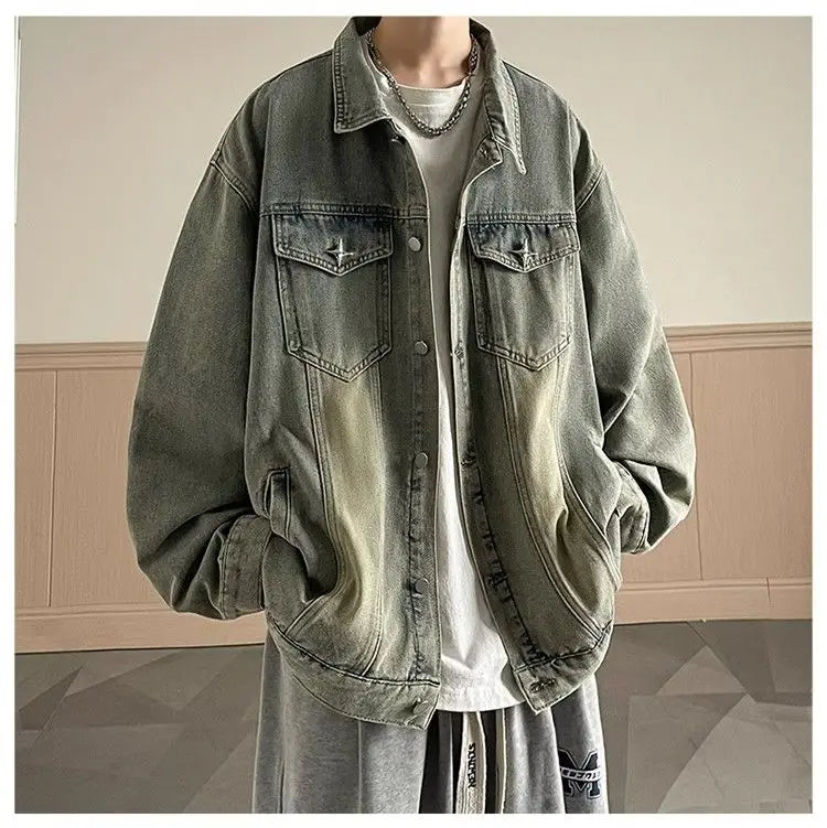 Hearujoy Versatile Fashion Atutumn Winter Men's Solid Casual Loose Pockets Denim Jacket Retro Coat Cool Boys Patchwork Pockets