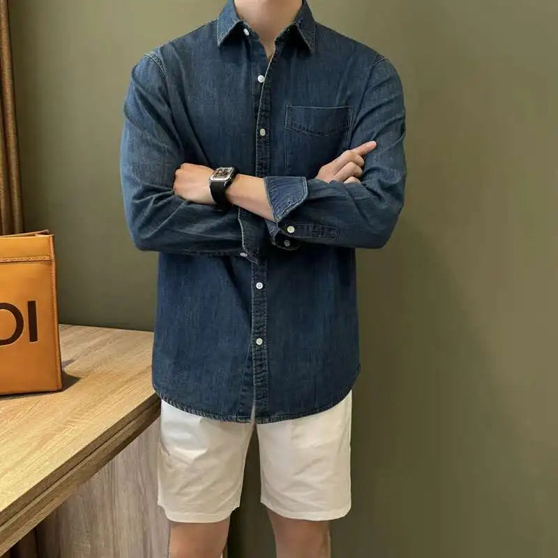 HEARUJOY  -  Lapel Collar Cotton Blend Denim Shirt Long Sleeve Shirt Retro Shirt British Versatile Casual Shirt Man Camisa Social Masculina