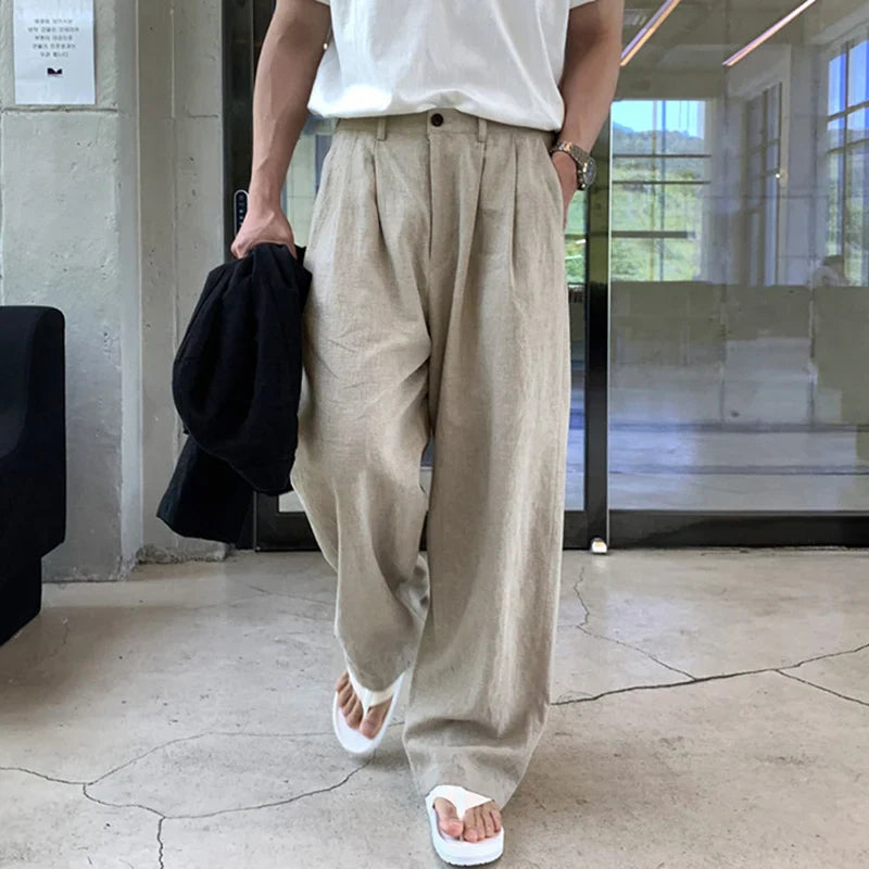 Hearujoy Korean Style Men's Casual Pants Pockets Soild Color Straight Wide Leg Male Loose Trousers Autumn Simple 9C7066