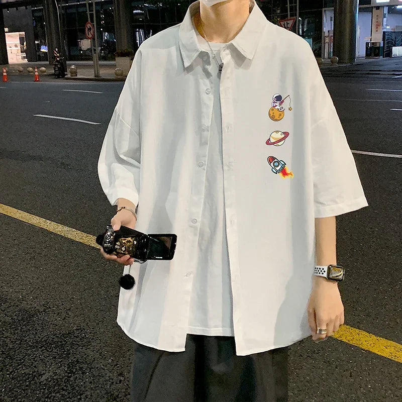 HEARUJOY  -  Men's Oversized Shirts White Mens Fashion Blouse Funny 5xl Oversize Half Sleeves Dress Shirt for Men Print New Clothing Casual