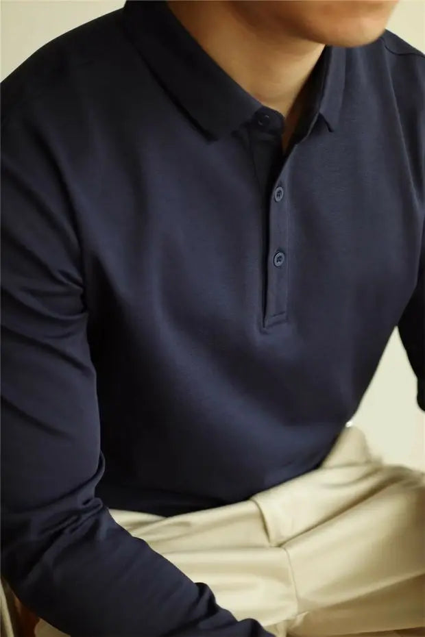 HEARUJOY  -  New American Retro Men Polo Shirt Light Luxury Solid Color Slim-fit Commuting Long Sleeve T-shirt Leisure Business Pullover Tops