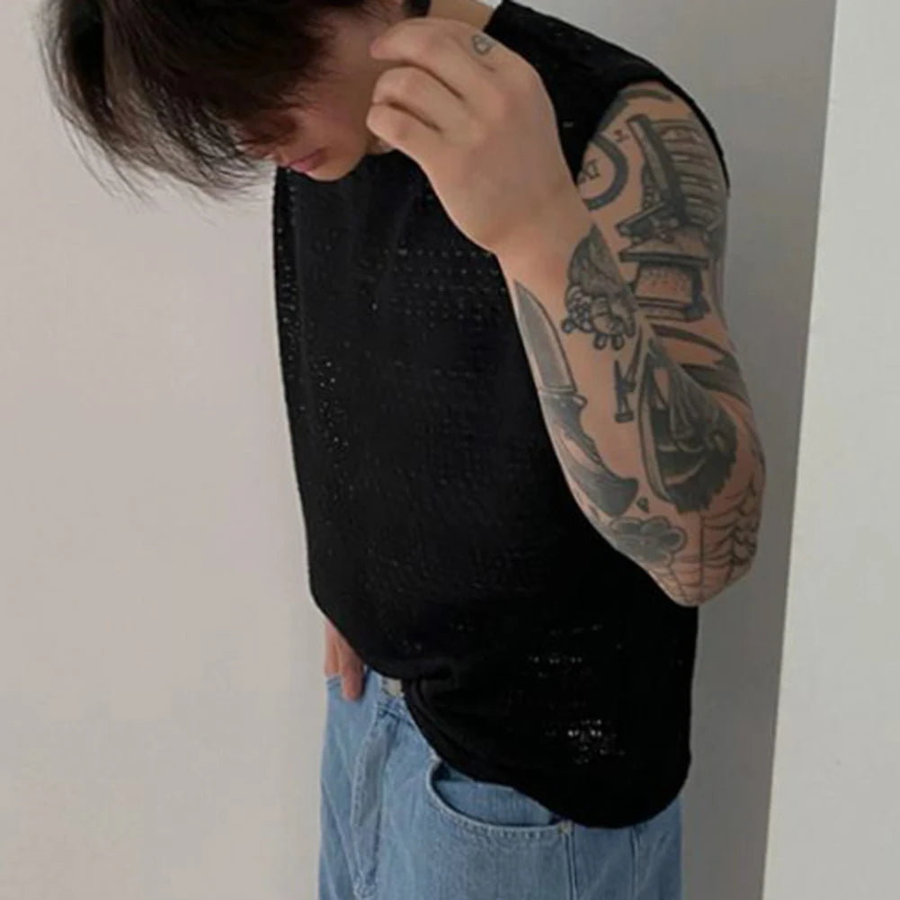 HEARUJOY  -  Casual Outings Summer Activities 2XL Men's Knitted Vest Daily Vacation Sleeveless Top Hollow Out Knitwear Loose Fit Design