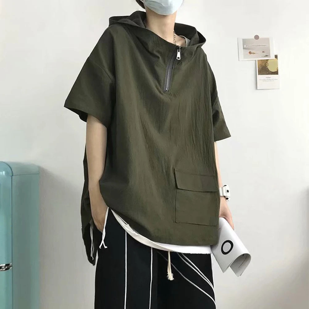 HEARUJOY  -  Pullover Men Tops Hoodie Loose Pocket Polyester Casual Harajuku Hip Hop Hooded Short Sleeve Solid Color Sweatshirt
