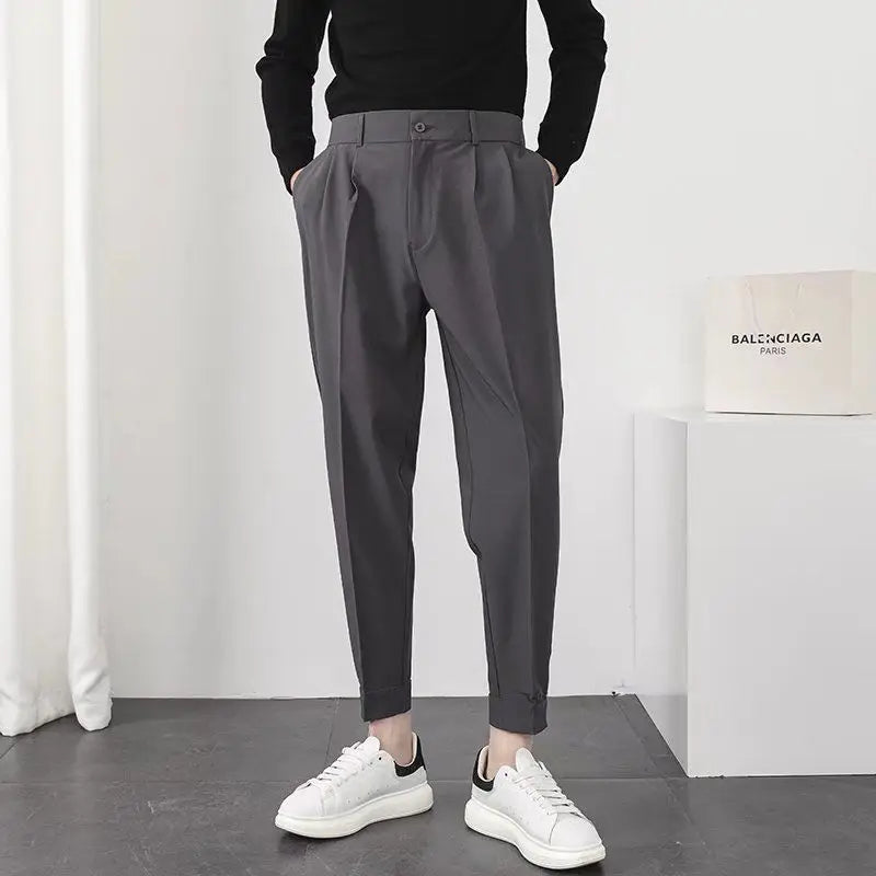 HEARUJOY  -  Summer Fashion Leggings Trendy Versatile Suit Pants Men's Solid Patchwork Zippere Button Pockets 9-inch Straight Casual Trousers