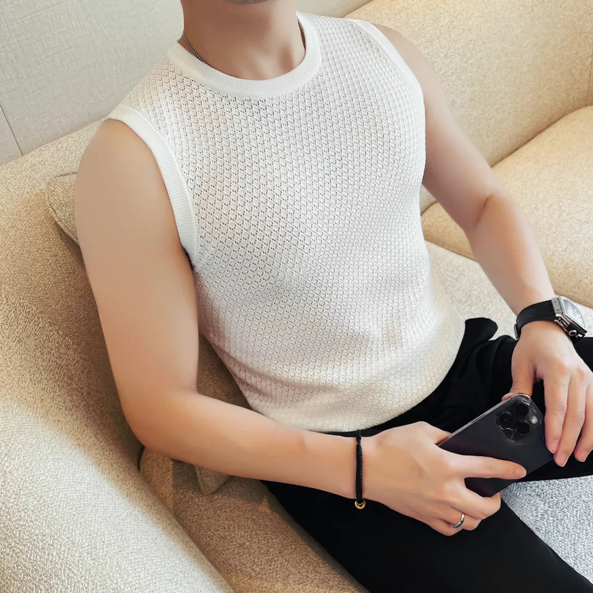 HEARUJOY  -  Men's Summer Sleeveless Vest  Breathable Mesh-Knit Fabric  Textured Crew Neck  Relaxed Fit  Casual Versatile Styling