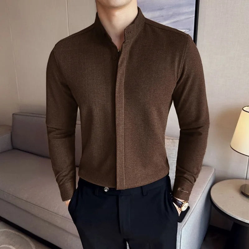 HEARUJOY  -  Thick woolen shirt For Men Autumn Winter Solid Color Slim Fit Warm Top High Quality Long Sleeve Stand Collar Shirt Streetwear