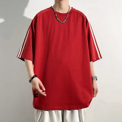HEARUJOY  -  Summer Casual Striped Short Sleeved T-shirt Men's Fashion Oversized Patchwork Tshirts Solid Loose Half Sleeve Hip Hop Tee Top