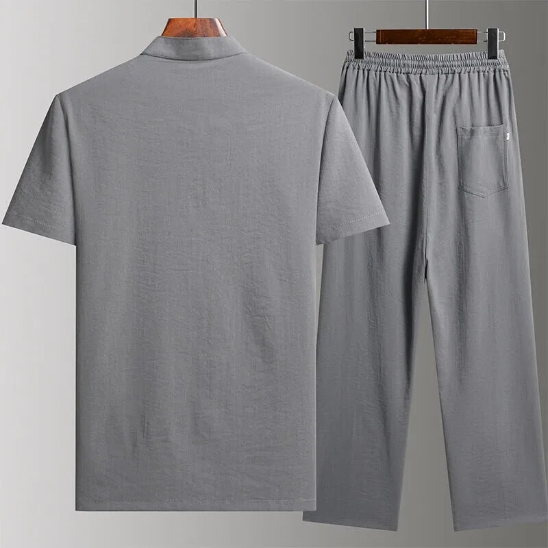 HEARUJOY  -  Chinese style Shirts + Pants summer 100% Cotton linen Sportswear Men's Casual Sets Male Fashion Chinese style trousers