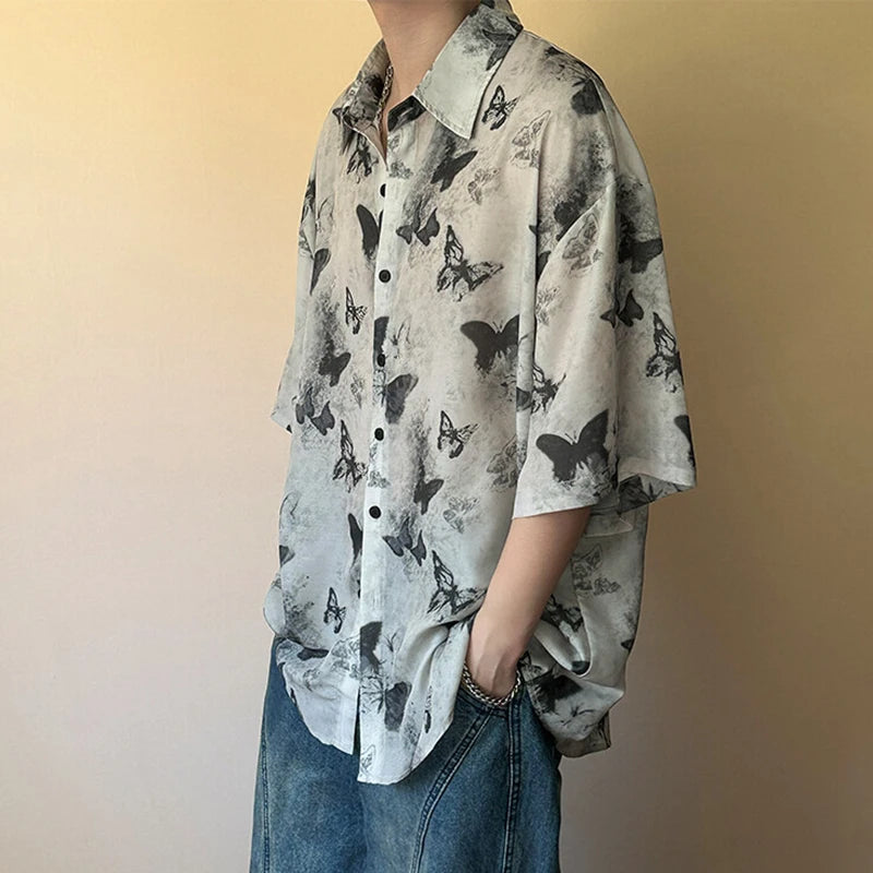 HEARUJOY  -  Nichre Design Men's Shirts Turn-down Collar Butterfly Printing Contrast Color Short Sleeved Single Breasted Stylish