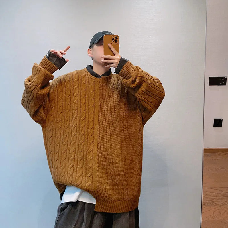 Hearujoy Knitted Sweater Men Japanese Y2K Oversize Casual Autumn Winter Irregular O-neck Pullovers for Man Old Money Streetwear