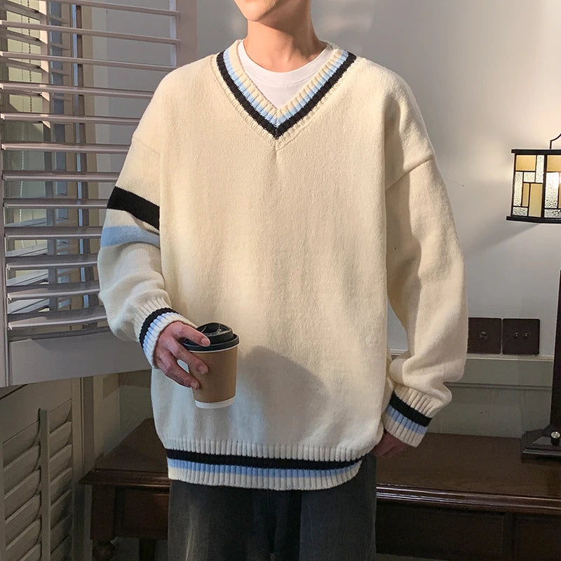 HEARUJOY  -  Preppy V-neck Sweater for Men Couples Pullovers Ins Knitted Top Autumn Korean Trendy Loose-fit Line Clothes for Students Youth