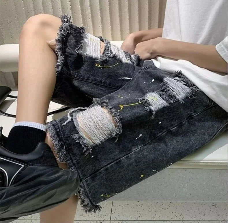 HEARUJOY  -  Loose Wide Ripped Bermuda Big Size with Pockets Half Long Baggy Oversize Short Jeans Pants for Men Man Denim Shorts Popular Emo