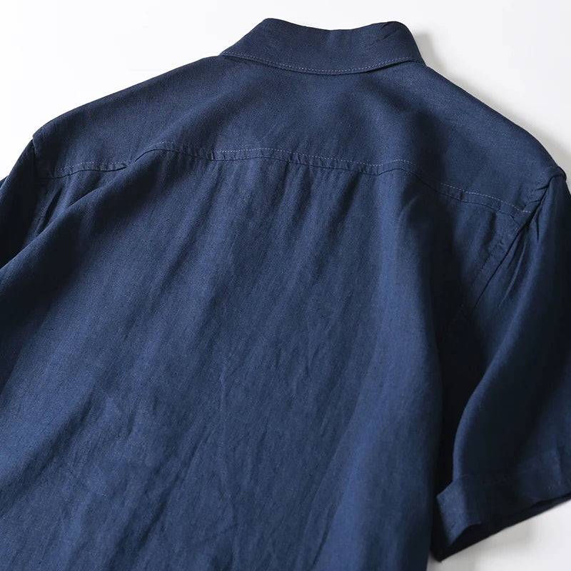 HEARUJOY  -  Men's Summer Cotton Linen Shirt Solid Color Skin Friendly Breathable Short Sleeve Lapel Shirts With Chest Pocket
